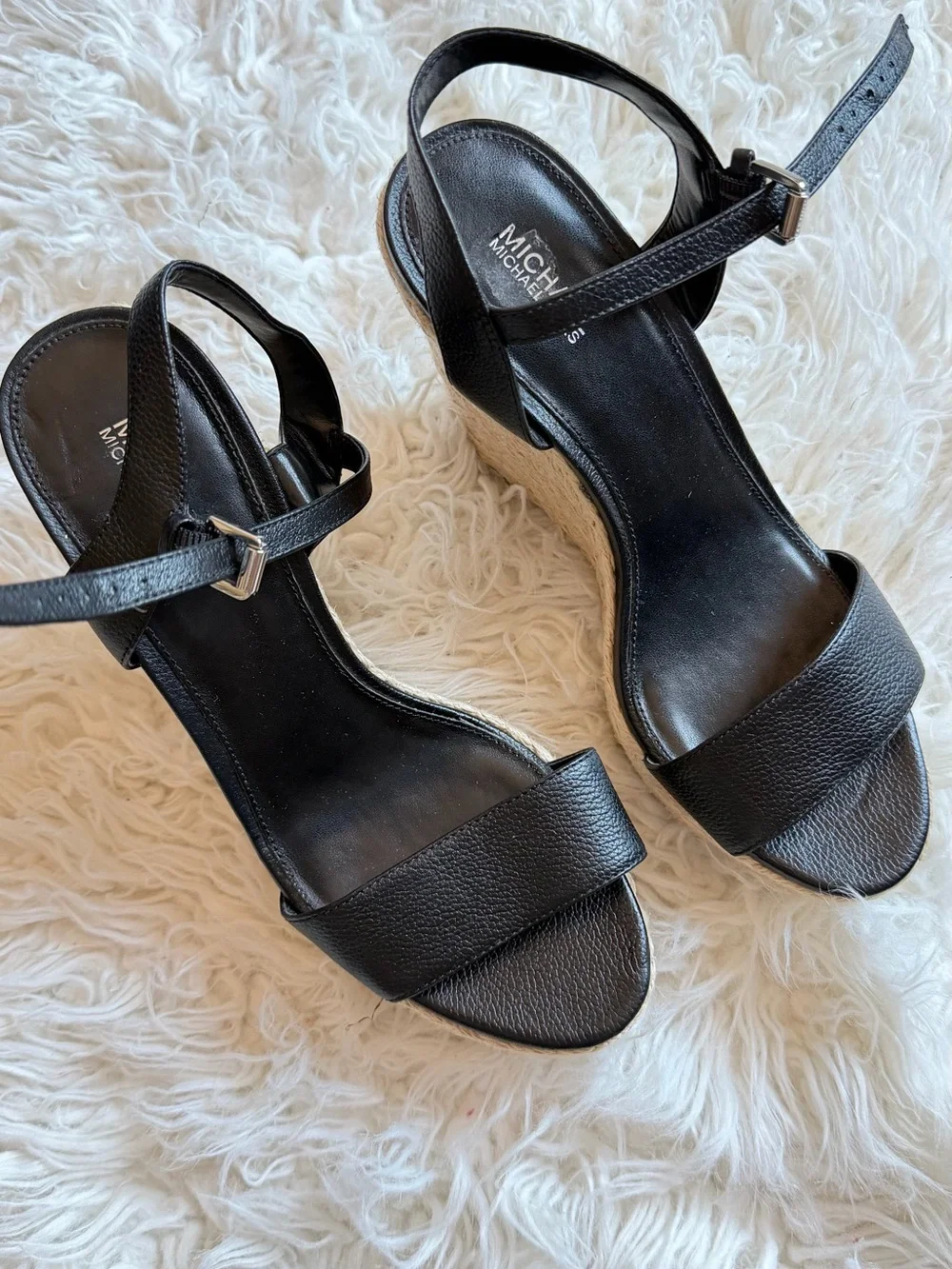 MICHAEL Michael Kors Black Leather Espadrille Wedge Sandals